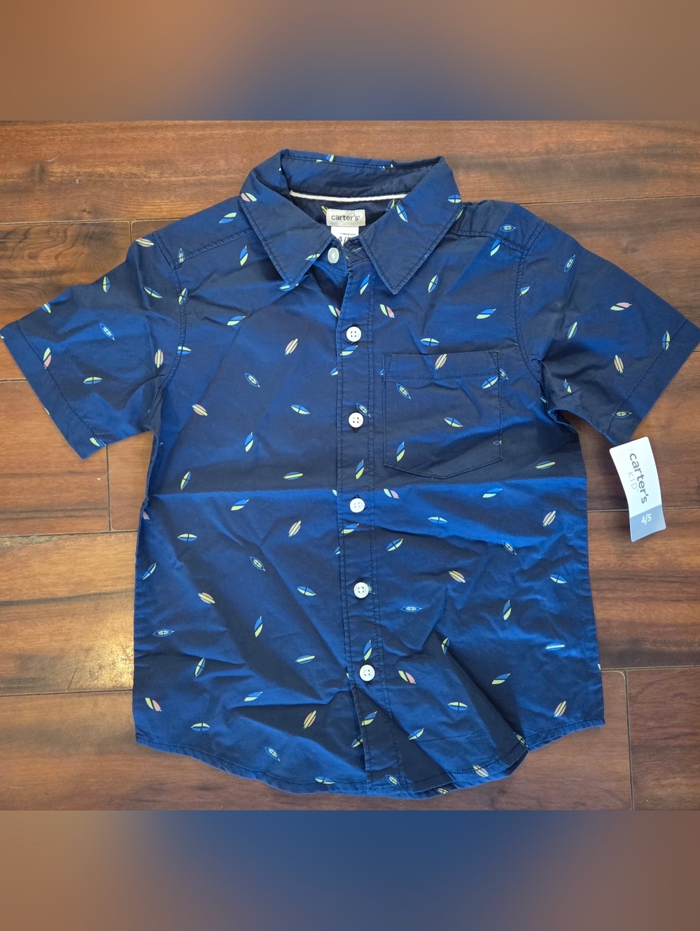 NWT Boy's Carter's Navy Blue Short-Sleeve Button-Down Shirt with Surf Print